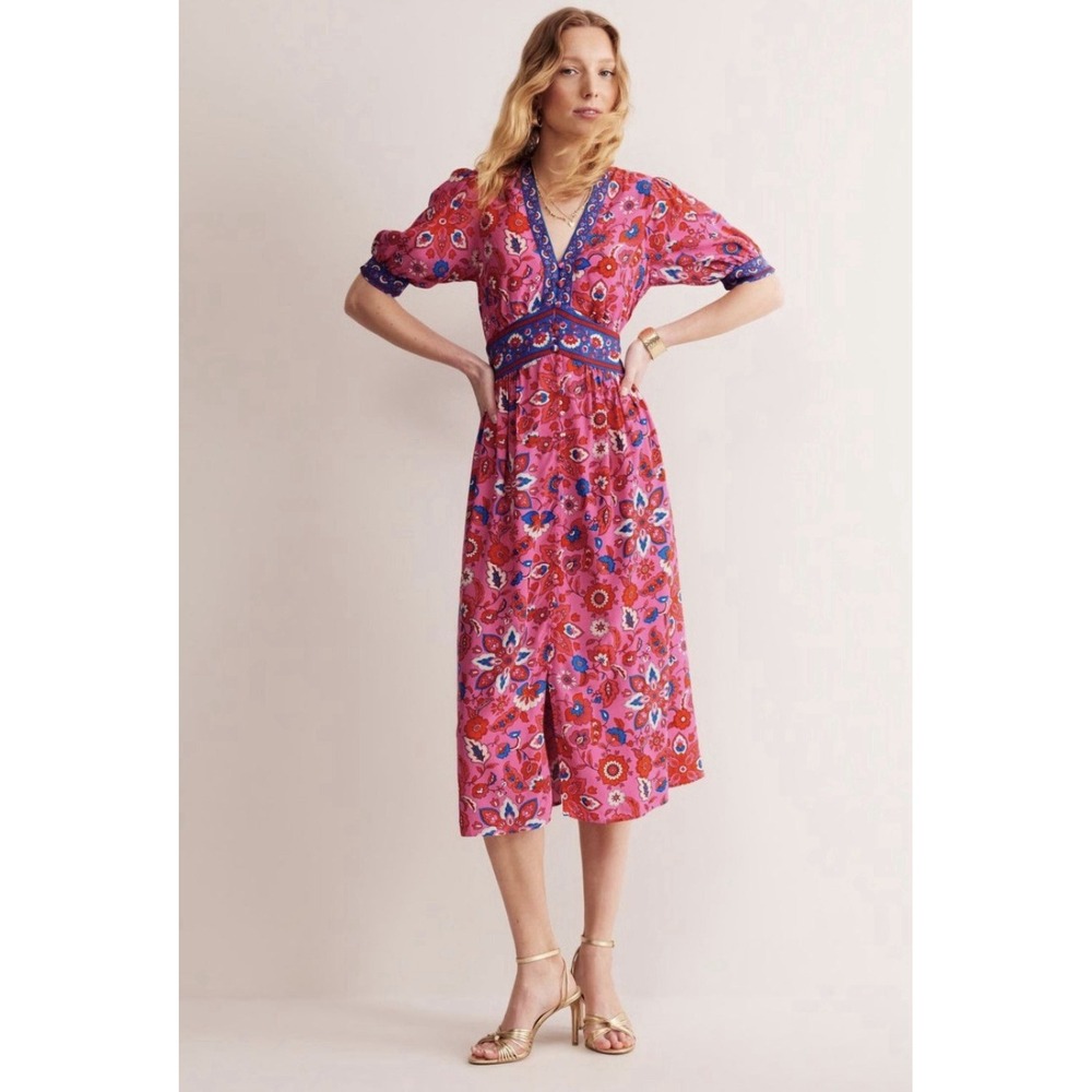 NWT Boden US 12 R Pink Elsa Midi Tea Dress Sangria Sunset Button Front Pockets